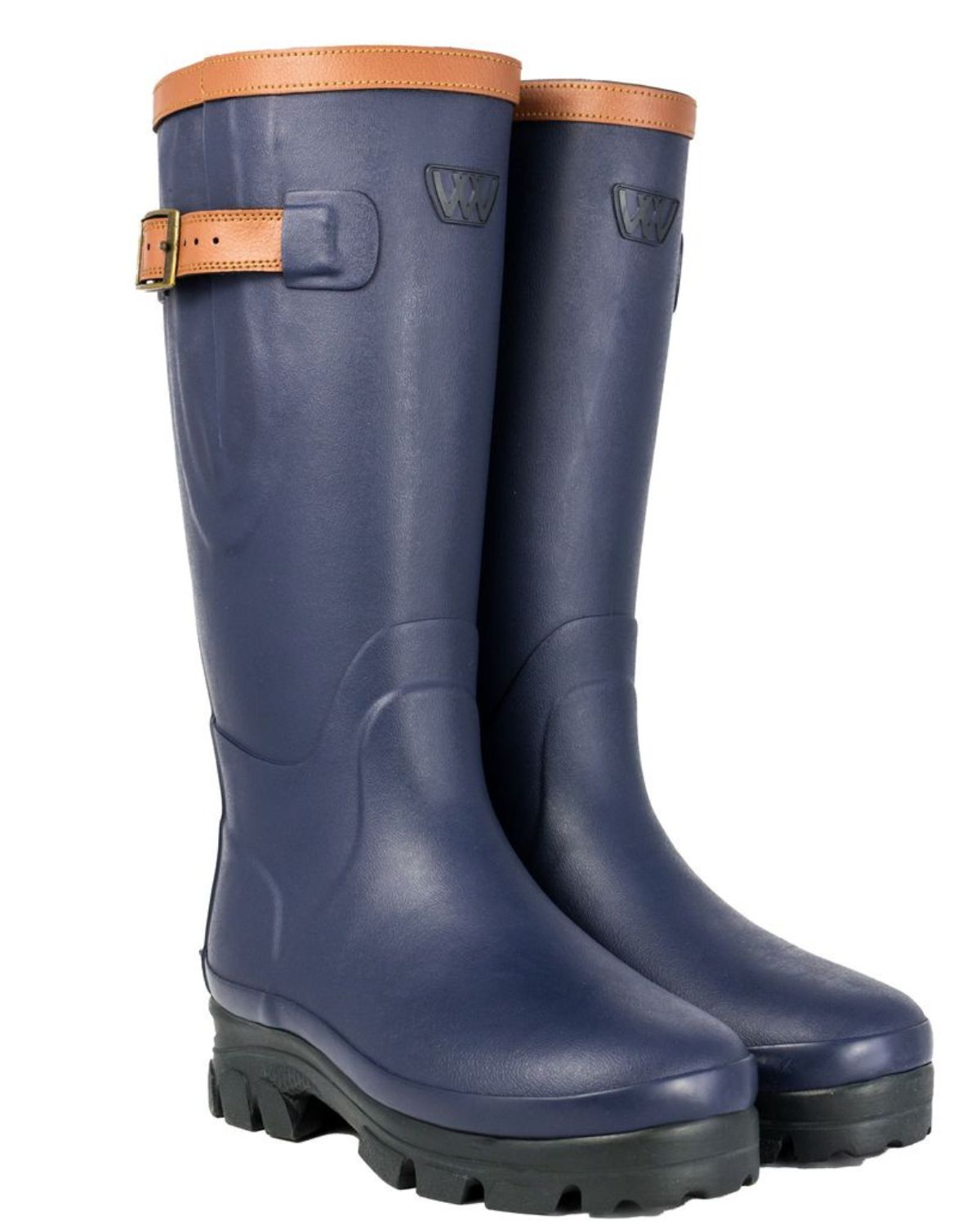 WOOF WEAR Neo Welly Navy Boots: Waterproof rubber wellies with adjustable buckle and neoprene lining for riding.