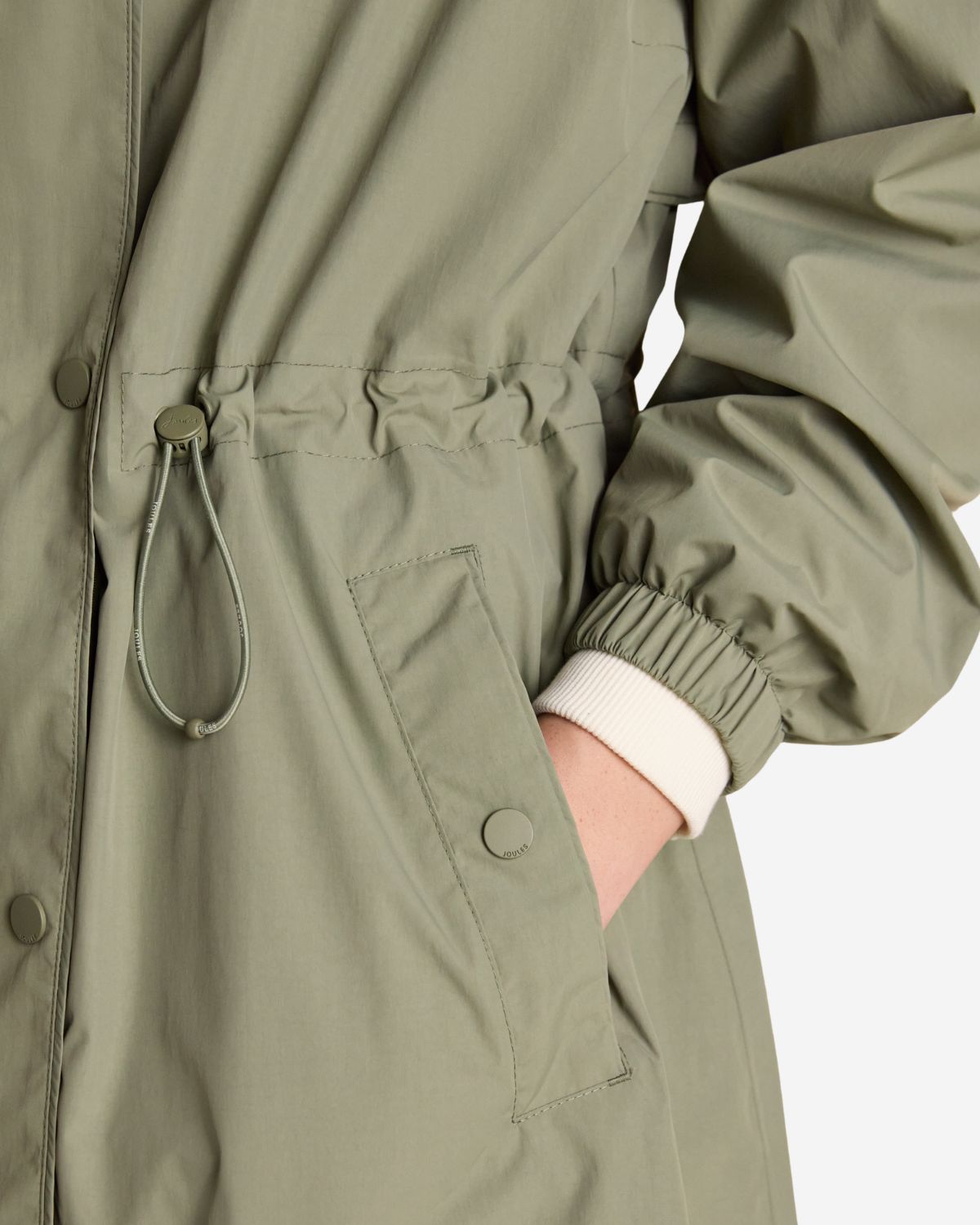 Joules Hensley Khaki Green Longline Waterproof Coat with Packable Hood | Equiflair