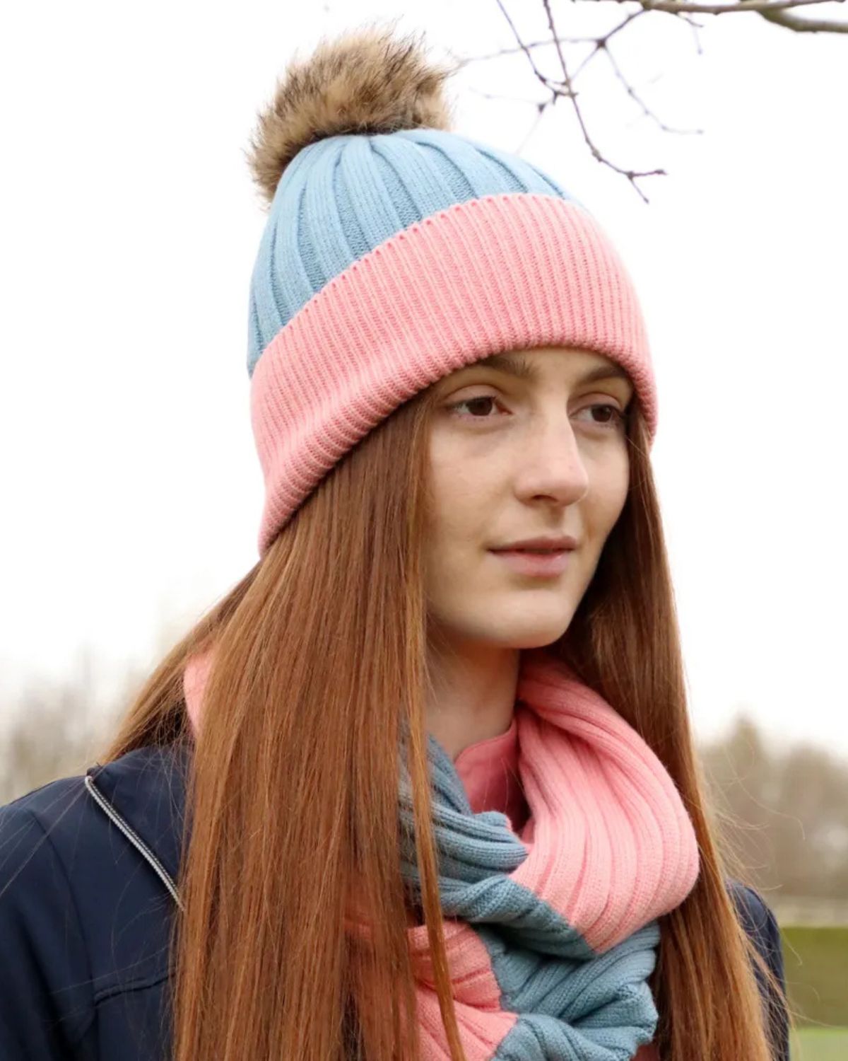 Hy Equestrian Synergy Luxury Bobble Hat and Snood Bundle Deal Aqua/Rose