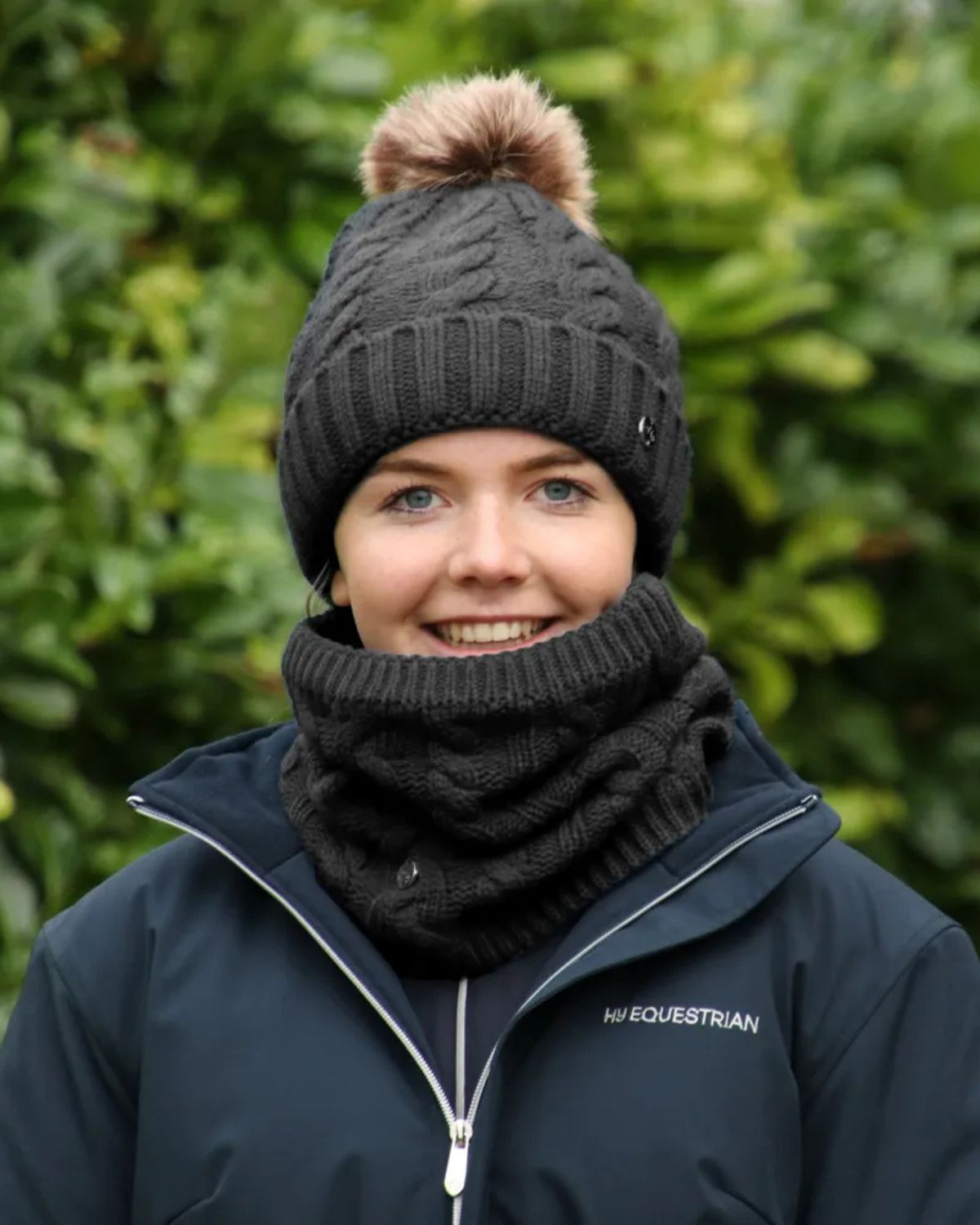 Hy Equestrian Melrose Cable Knit Bobble Hat Black