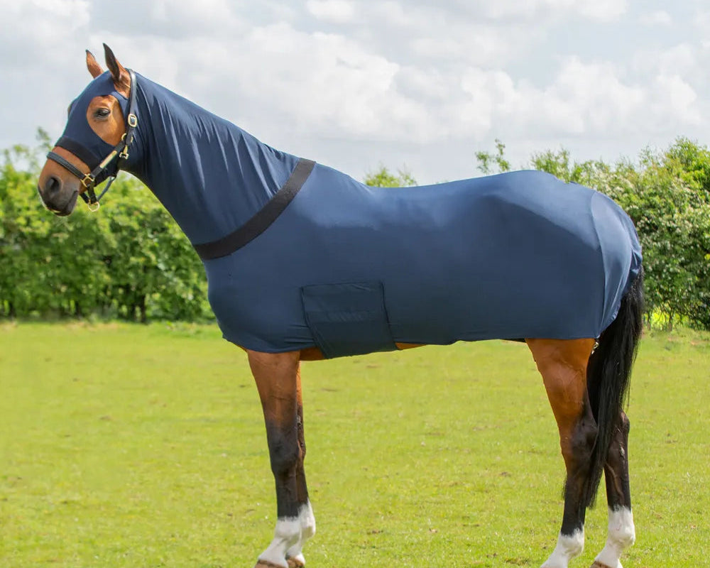 HY Equestrian Lycra Flex Rug (Navy) with Belly Flap. Horse rug for comfort, protection, and Equiflair brand.