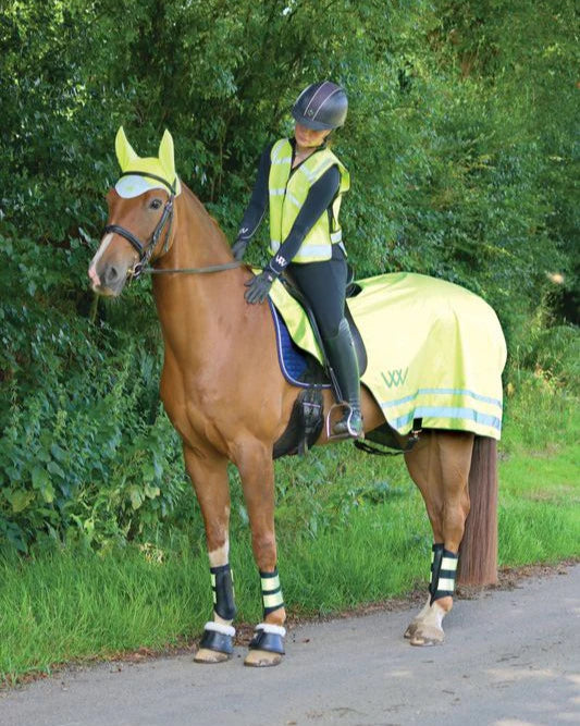 Horse rider wearing Woof Wear Hi Vis exercise sheet in yellow for safety. Equestrian riding gear.