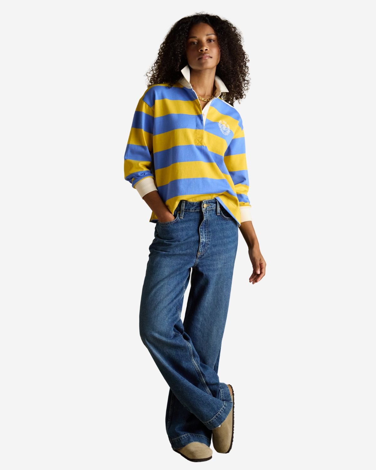 Joules Lara Yellow and Blue Stripe Boxy Fit Rugby Shirt | Equiflair