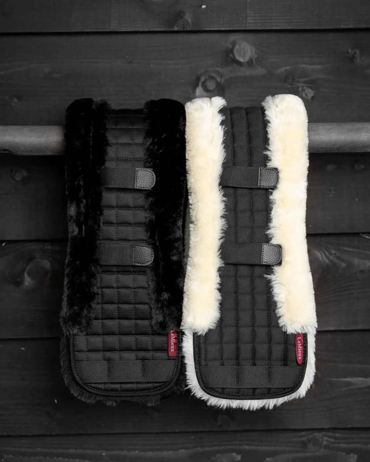 LeMieux Simuwool Dressage Girth Covers: Black and Natural Faux Fur Options for Horse Girths - Large