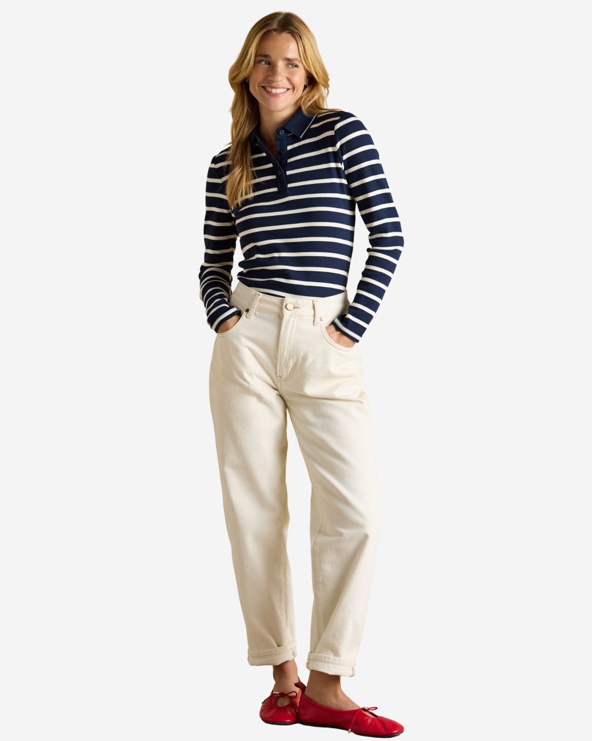 Joules Fairfield Navy & Cream Ribbed Long Sleeve Stripe Polo Top | Equiflair