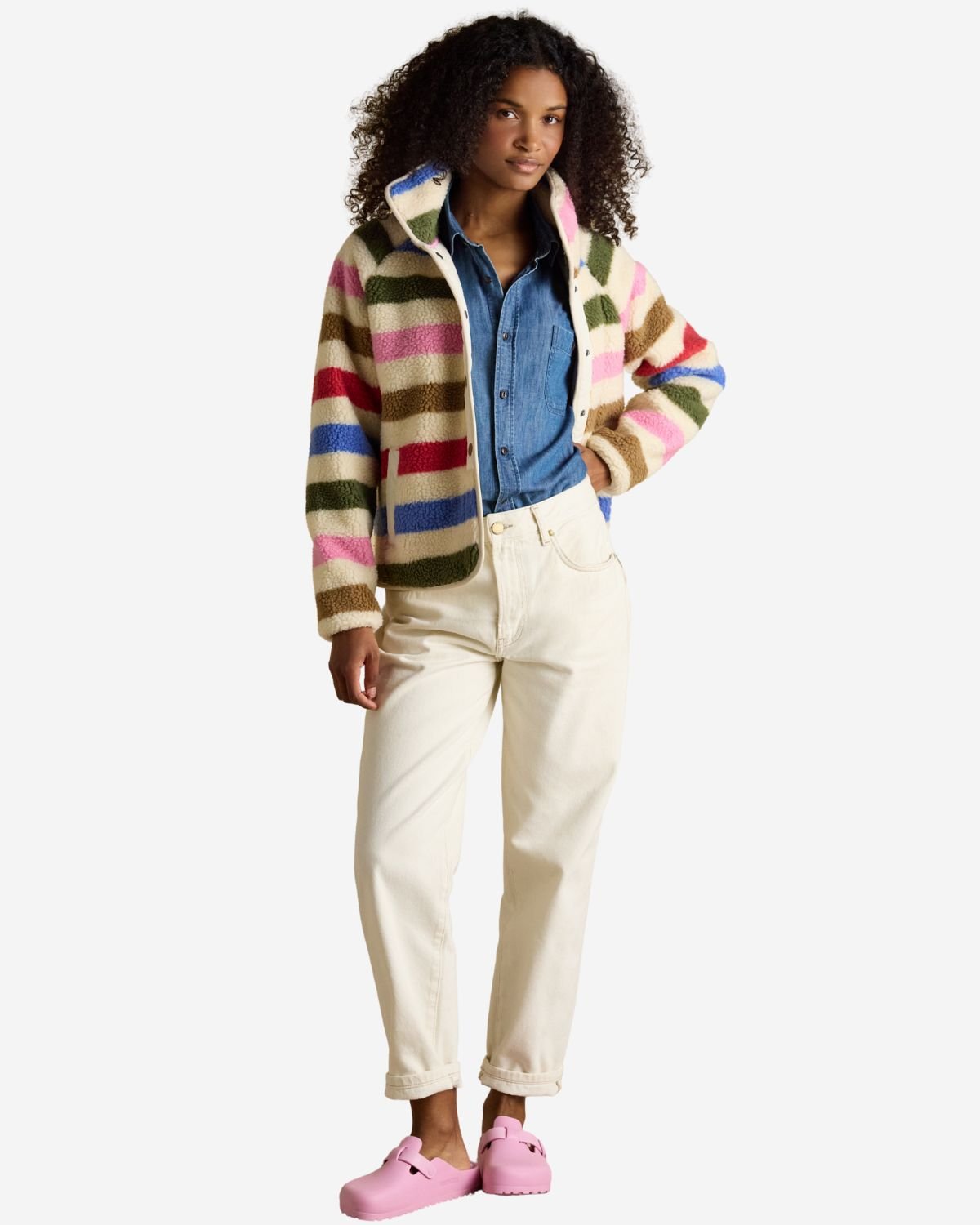 Joules Cream Multi Bright Striped Borg Fleece Jacket | Equiflair