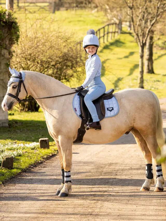 LeMieux Junior Loire Fly Hood Mist on Pony: Young Equestrian Rider in Matching Set