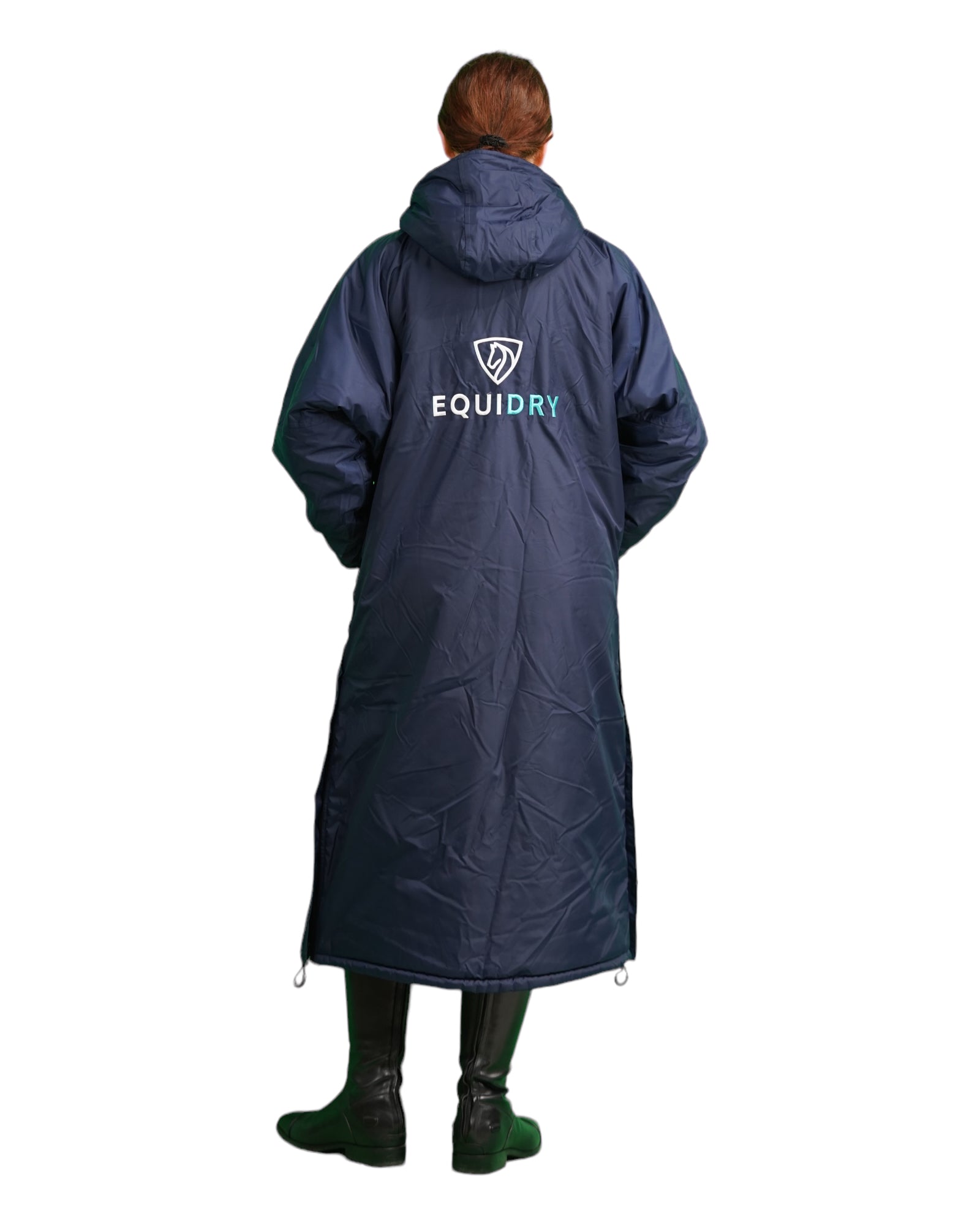 EQUIDRY women's long waterproof horse riding coat in Navy/Turquoise studio full length back of coat