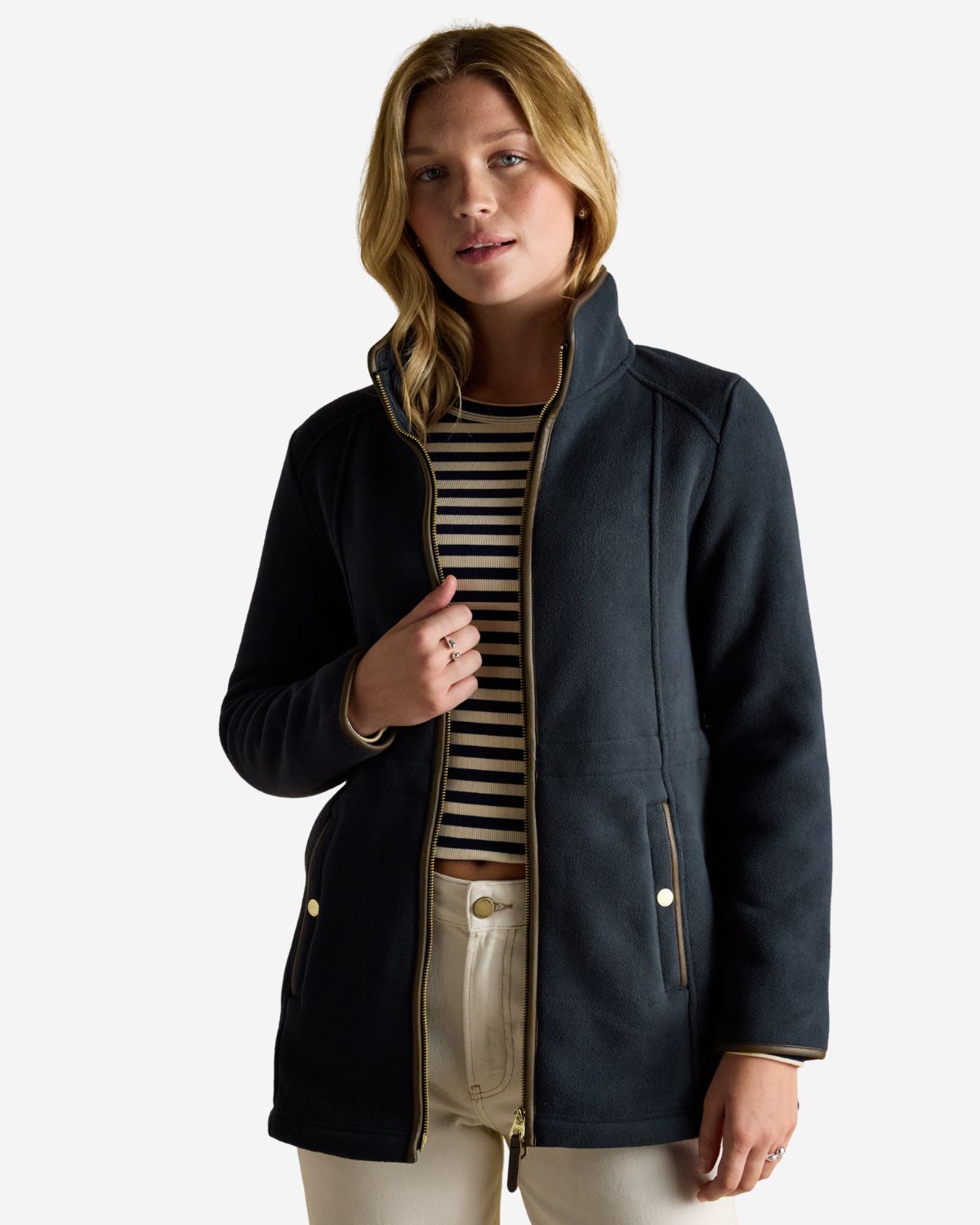 Joules Heritage Navy Longline Fleece Jacket: Zip-Up, Stand Collar, Metal Accents, and Faux Leather Details. Equiflair.