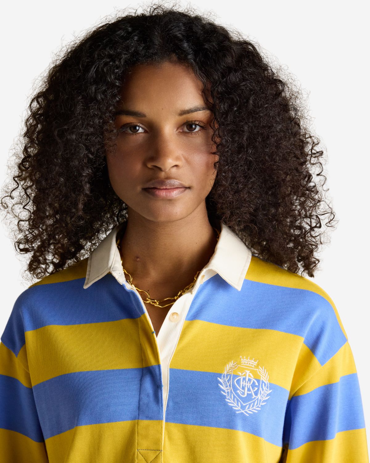 Joules Lara Yellow and Blue Stripe Boxy Fit Rugby Shirt | Equiflair