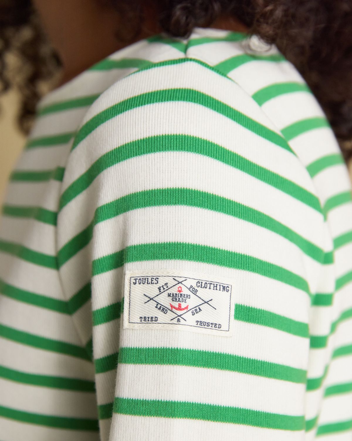 Joules Harbour Cream/Green Boat Neck 100% Cotton Long Sleeve Breton Top | Equiflair
