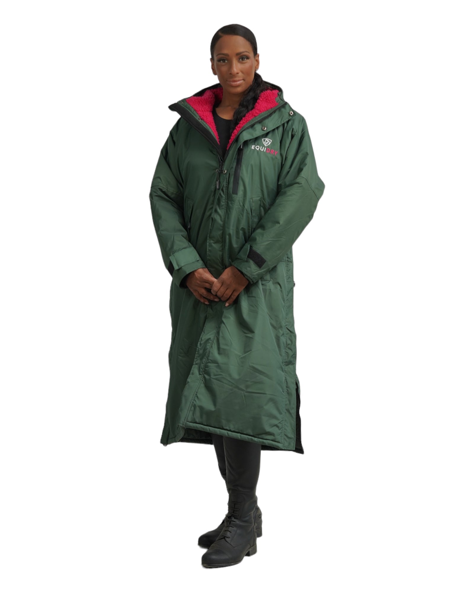 EQUIDRY Women's Waterproof Horse Riding Coat - Black Forest Green & Peacock Pink - Long Fleece-Lined Rain Coat