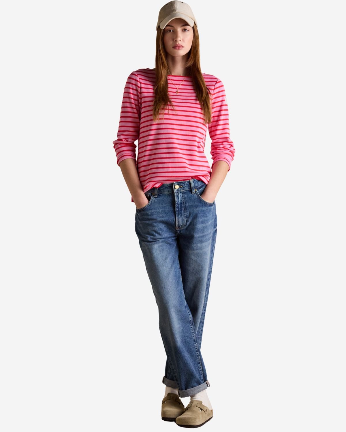 Joules Harbour Pink & Red Striped Boat Neck Long Sleeve Breton Top | Equiflair