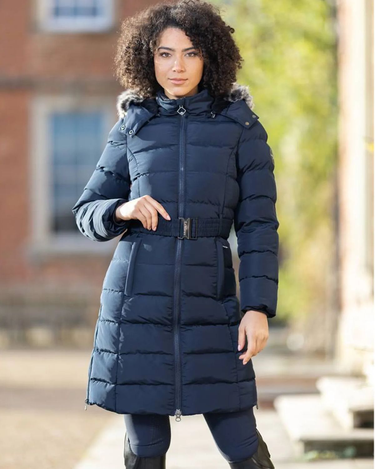 LeMieux Gina Navy Padded Winter Coat: Stylish Three-Quarter Length with Detachable Hood and Fur Trim. Equestrian & Casual Wear