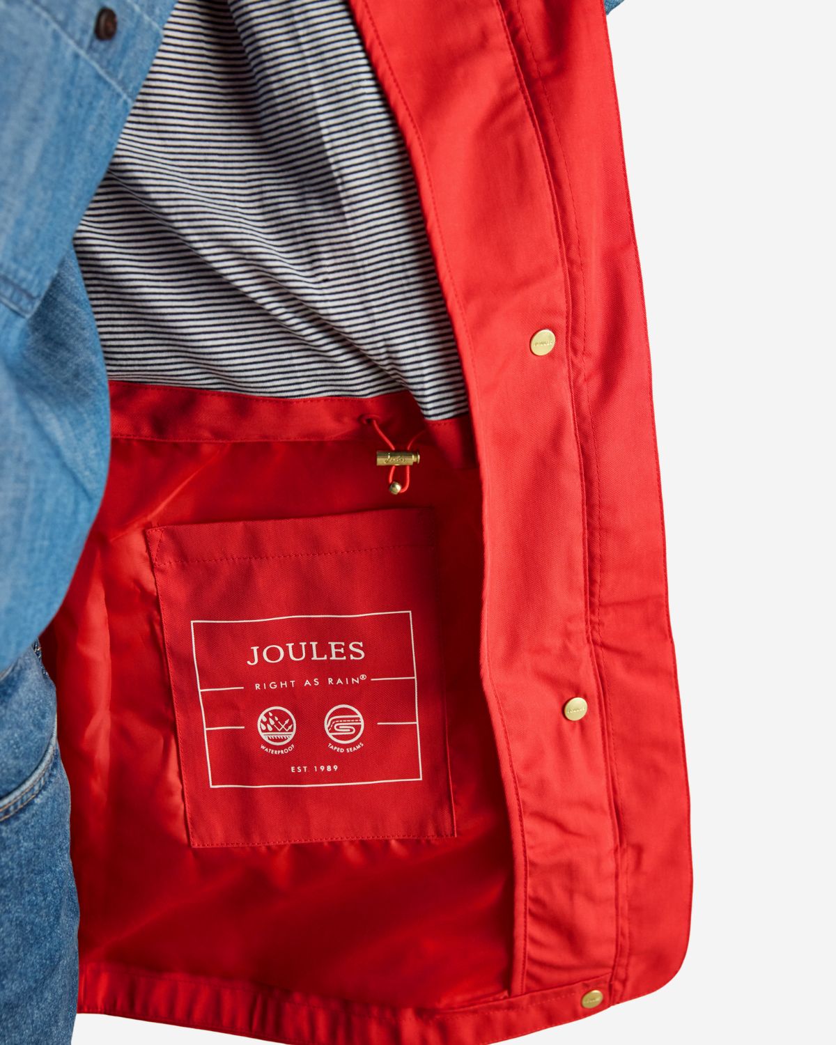 JOULES Red Waterproof Hooded Raincoat: Stylish & Functional Outerwear for Rainy Days. Equiflair.