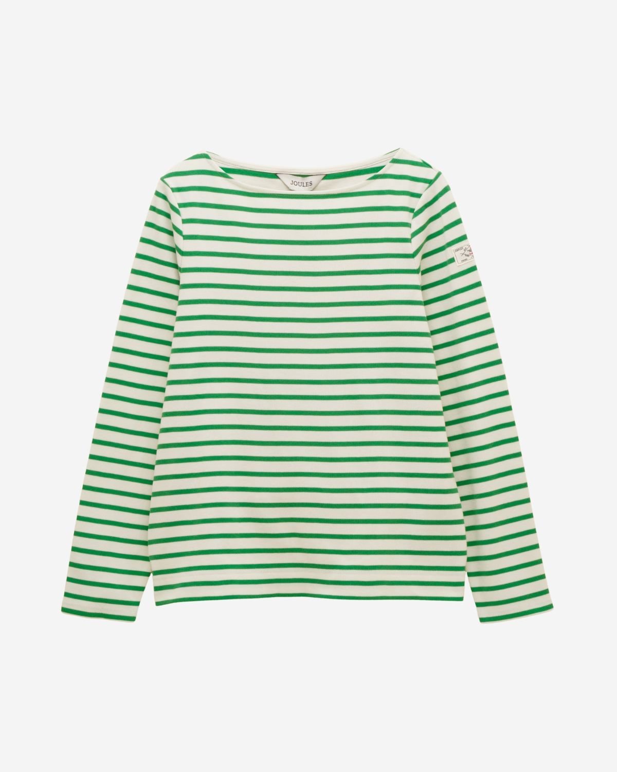 Joules Harbour Cream/Green Boat Neck 100% Cotton Long Sleeve Breton Top | Equiflair