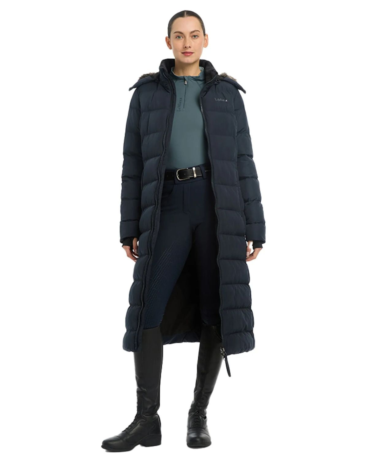 LeMieux Harper Longline Puffer Coat Navy - Women's Winter Equestrian Fashion, Detachable Hood, Faux Fur Trim, Riding Jacket