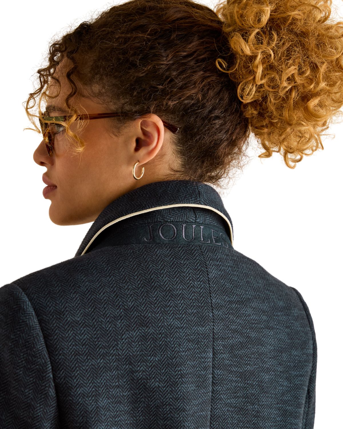 JOULES HARTLEY Navy Herringbone Blazer with Shawl Collar - Women's Fashion Jacket