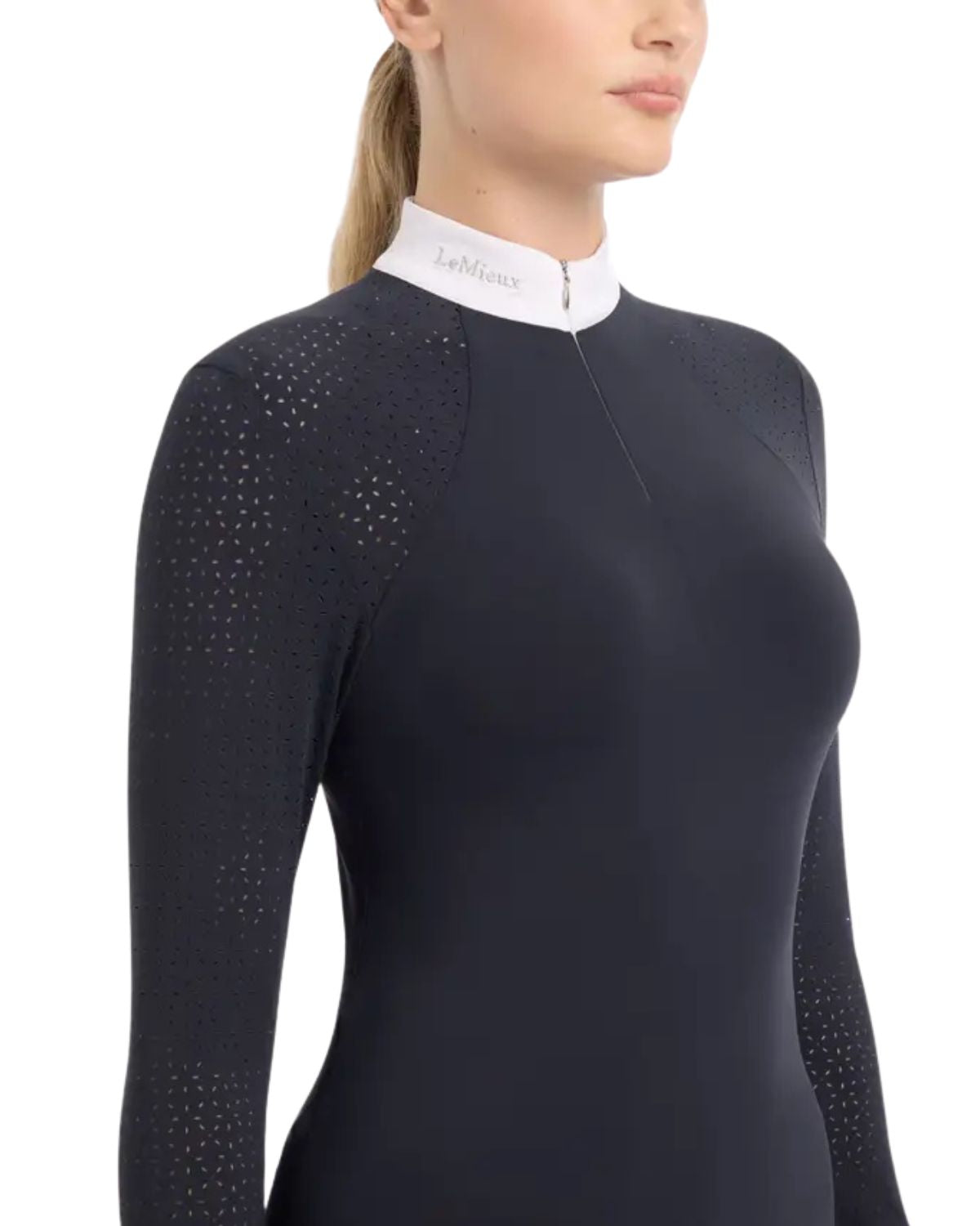 LeMieux Olivia Navy Long Sleeve Show Shirt for Equestrian Riding with Laser-Cut Sleeves & White Collar