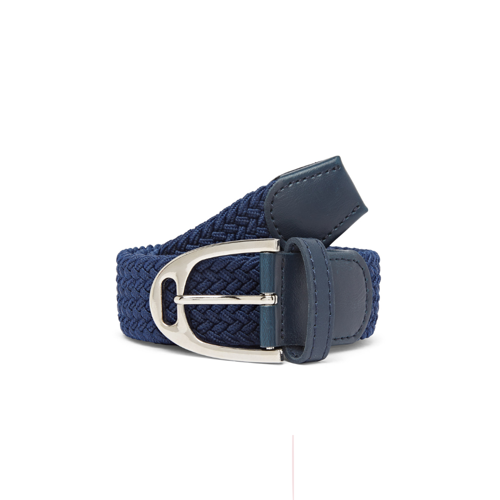Navy Equestrian Belt Braided Leather Trim Stirrup Buckle Adjustable Stretchable