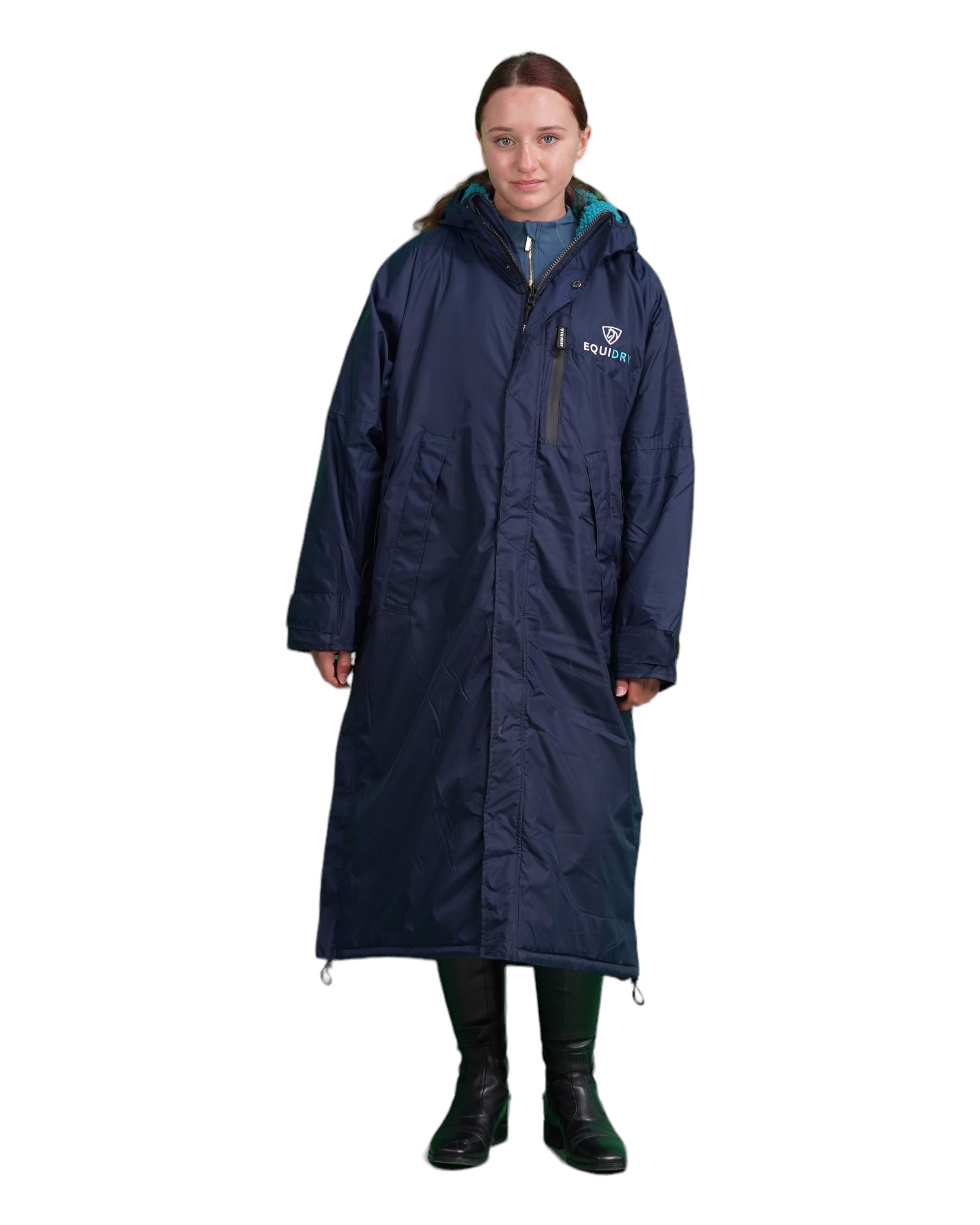 EQUIDRY women's long waterproof horse riding coat in Navy/Turquoise studio front of coat full length