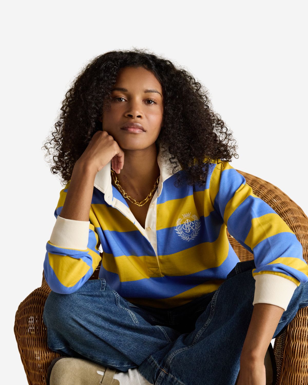 Joules Lara Yellow and Blue Stripe Boxy Fit Rugby Shirt | Equiflair