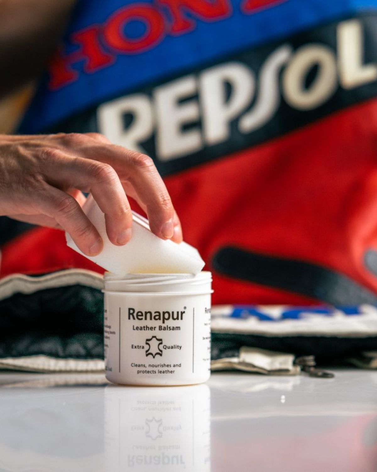 Renapur Leather Balsam: Hand Applying Leather Conditioner to a Honda Repsol Jacket - Cleans, Nourishes & Protects