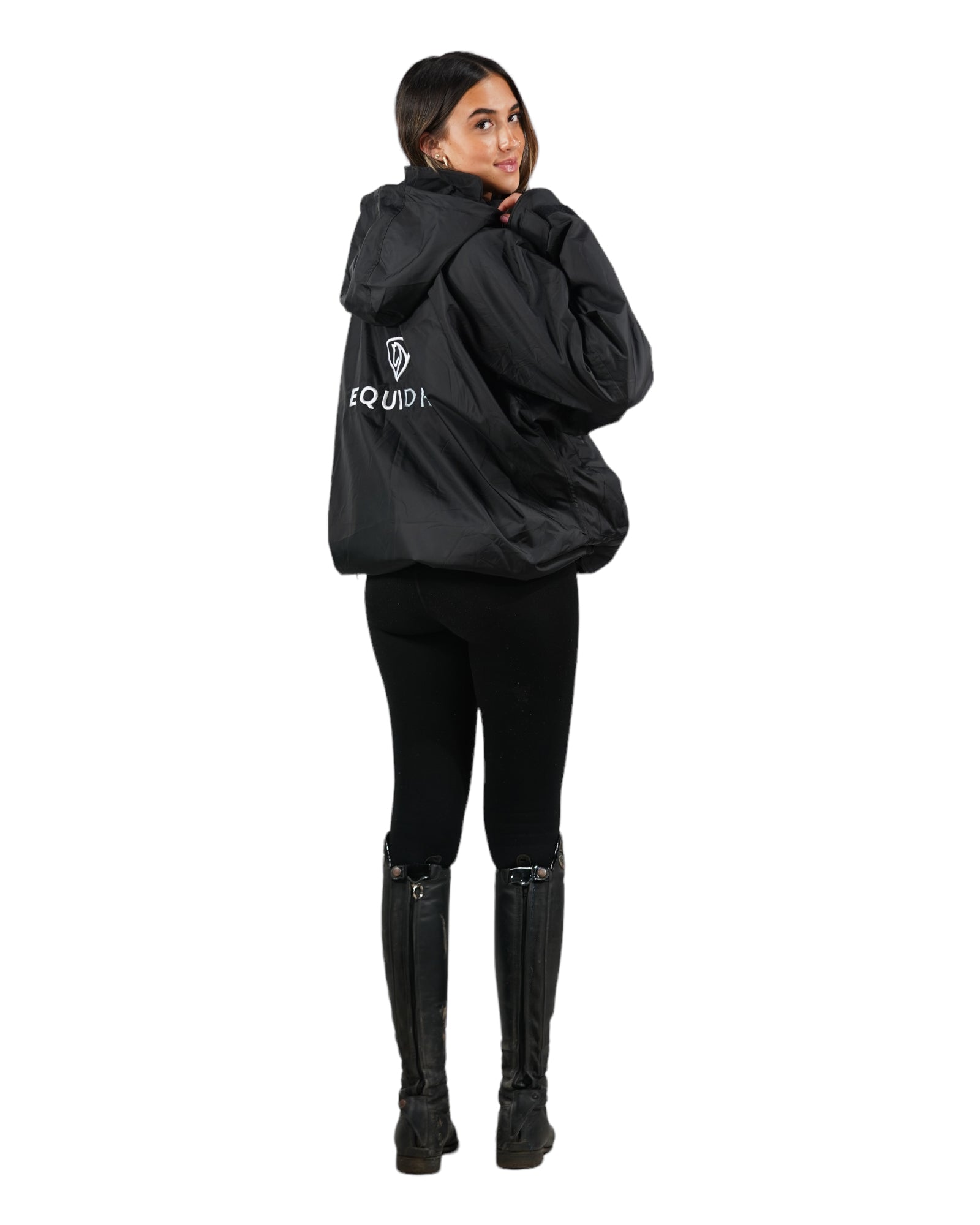 EQUIDRY women's waterproof short blouson style horse riding jacket in black/black studio shot