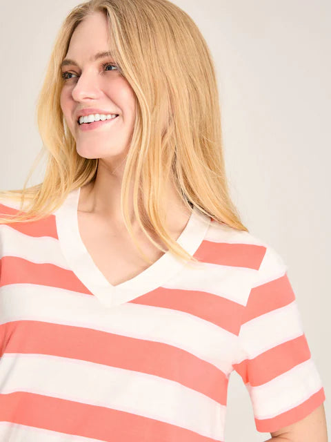 Joules Darcey Pink Stripe V-Neck T-Shirt. Women's Fashion, Cotton Top with Short Sleeves. Casual Style.