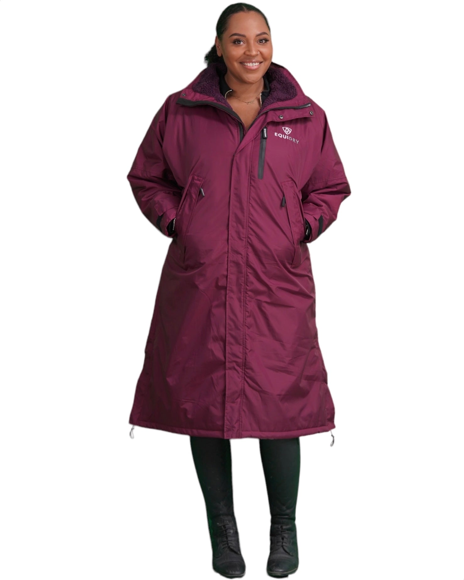 Evolution Pro women's Warm Waterproof Horse Riding Coat Thick Fleece Lining Stowaway Hood Plum image of full front of coat