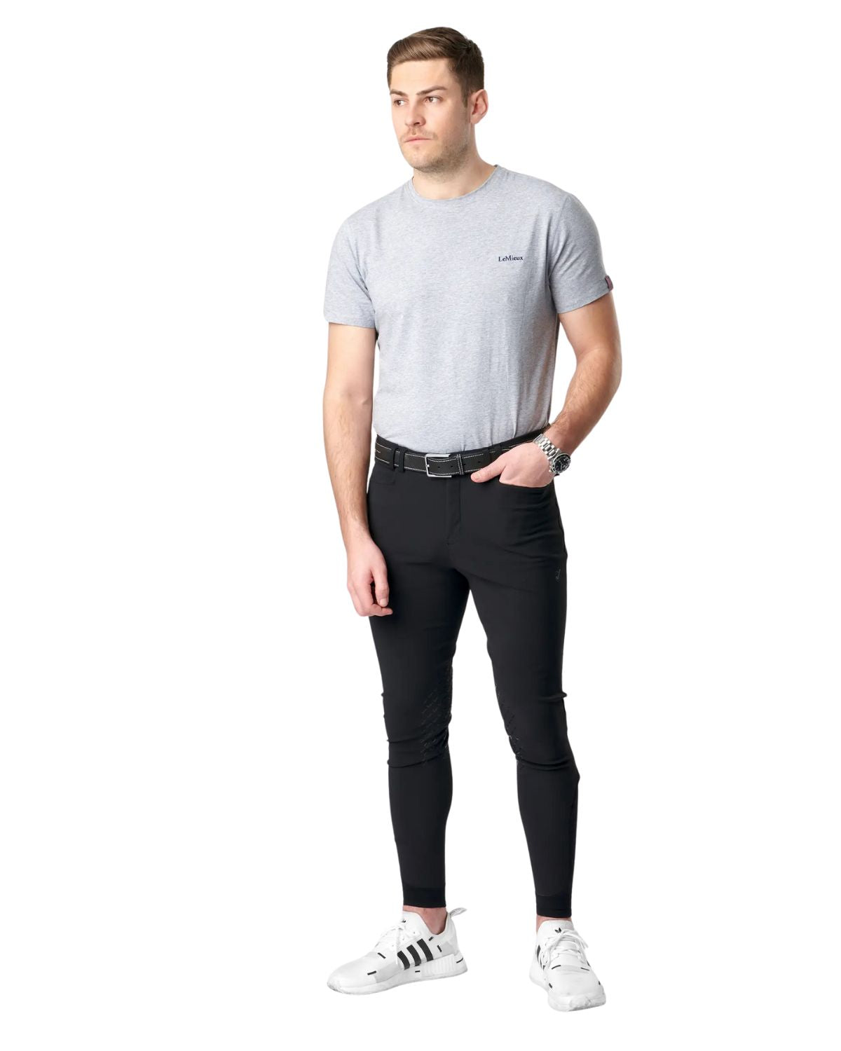 LeMieux Monsieur Black Breeches: Mens Riding Tights, 4-Way Stretch, Silicone Knee Grip. Equiflair Equestrian Apparel.