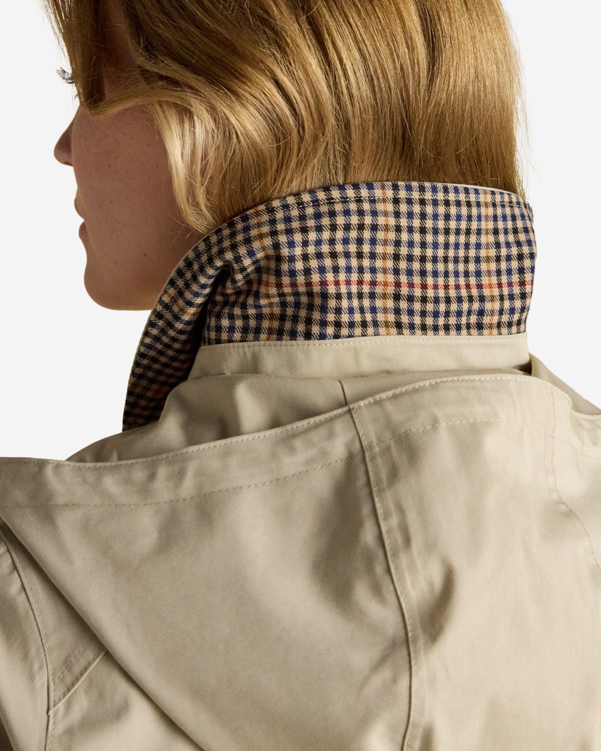 Joules Rainmore Neutral Raincoat: Waterproof, Checked Lining, Back View. Stylish Women's Outerwear.