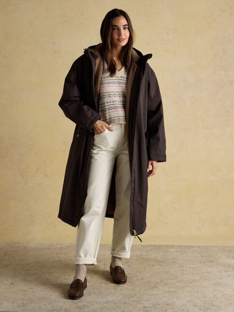 Joules Coverall Brown Oversized Fleece Lined Waterproof Coat