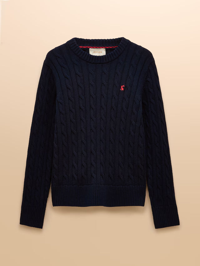 JOULES Cable Knit Navy Cotton Jumper - Crew Neck Sweater with Embroidered Hare Logo - Classic Style