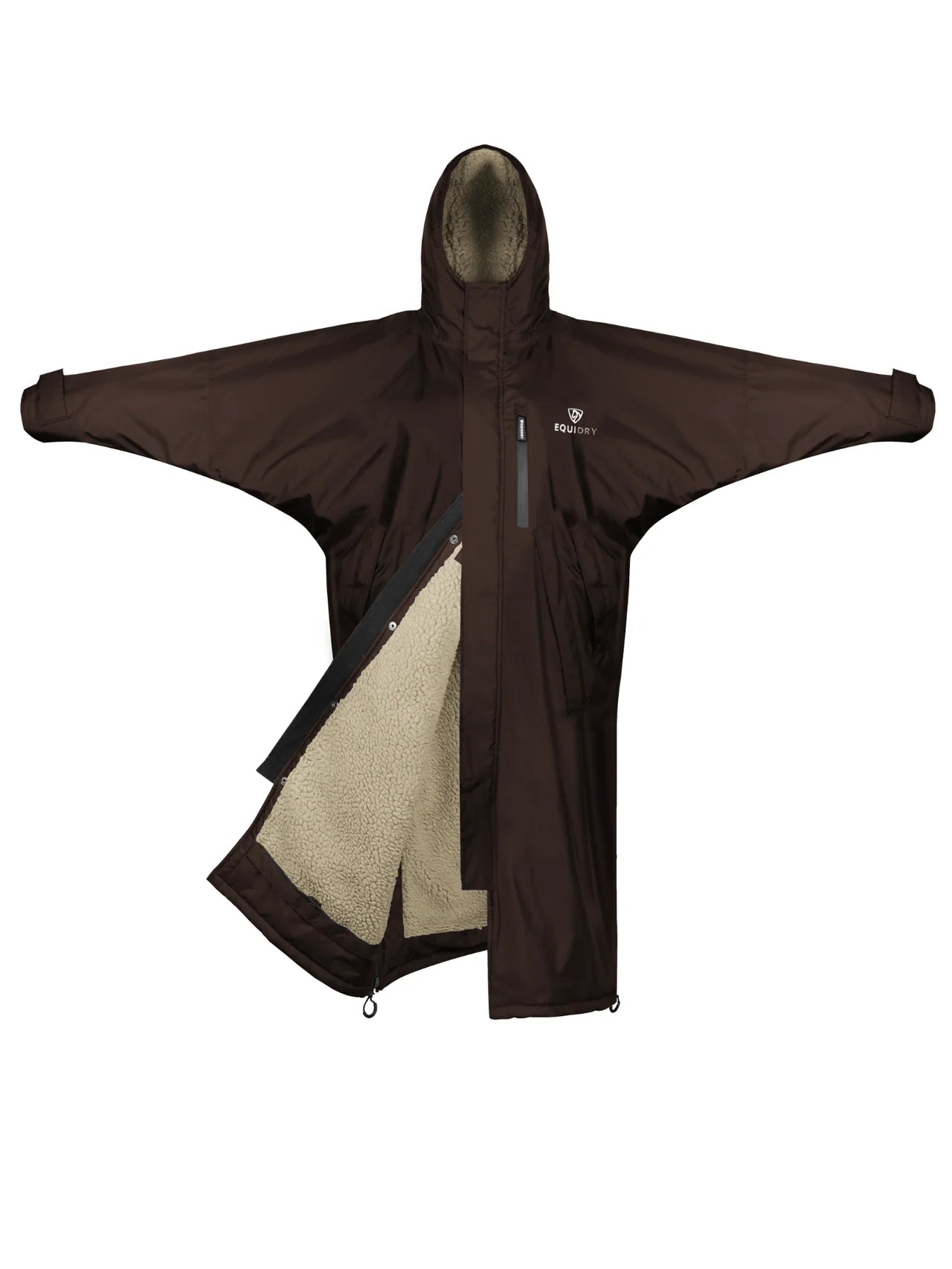 Equidry Evolution Men's Fleece Lined Waterproof Riding Coat - Brown equestrian jacket with hood and riding skirt. -…