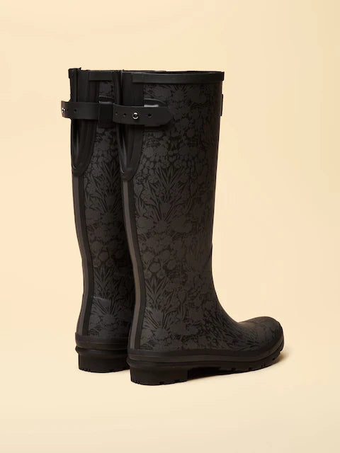 Joules Printed Black Adjustable Tall Wellies - Waterproof Rubber Rain Boots for Women