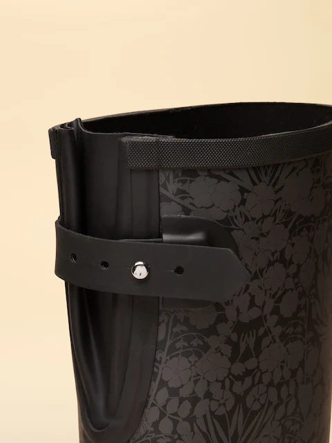 Joules Black Floral Wellington Boots: Adjustable, Waterproof Wellies with Metal Stud Gusset