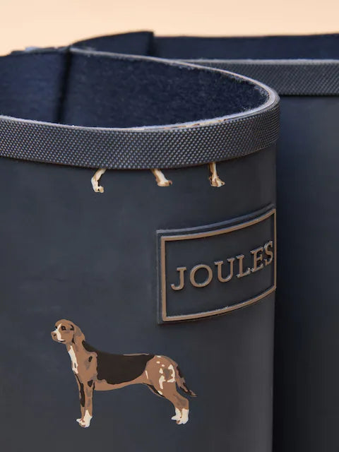 JOULES PRINTED NAVY ADJUSTABLE TALL WELLIES with Dog Design - Waterproof Rubber Rain Boots for Women