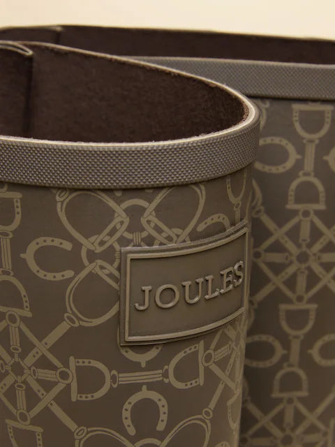 JOULES Printed Brown Adjustable Tall Wellies - Equestrian Style Waterproof Wellington Boots