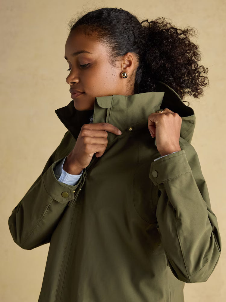 Joules Rainaway Khaki Green Lightweight Waterproof Longline Raincoat with Hood