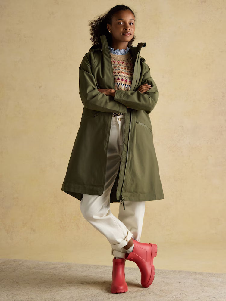 Joules Rainaway Khaki Green Lightweight Waterproof Longline Raincoat with Hood