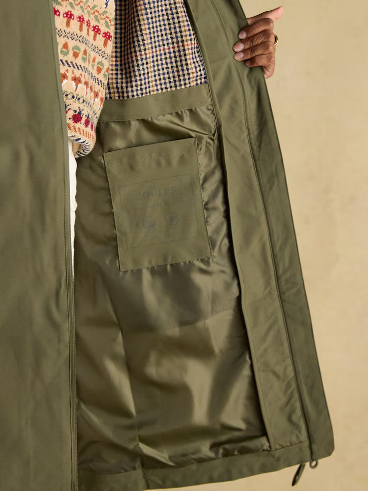 Joules Rainaway Khaki Green Lightweight Waterproof Longline Raincoat with Hood