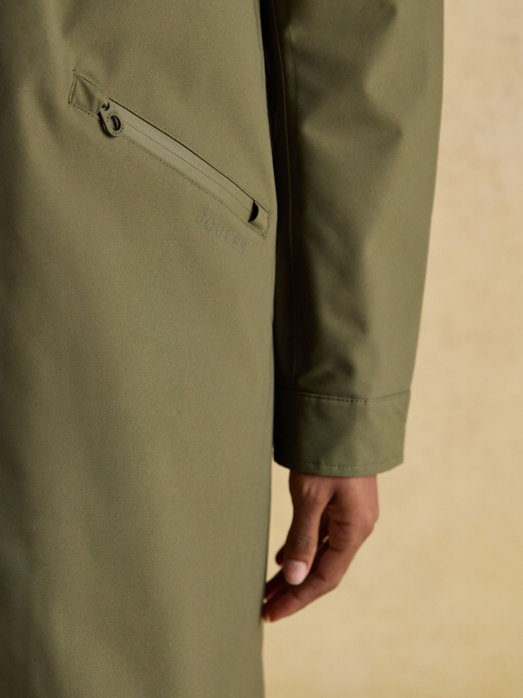 Joules Rainaway Khaki Green Lightweight Waterproof Longline Raincoat with Hood