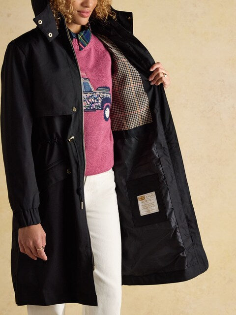 Joules Elbridge Black Waterproof Coat with Hood. Ladies' Recycled Polyester Casual Jacket. Equiflair Saddlery.