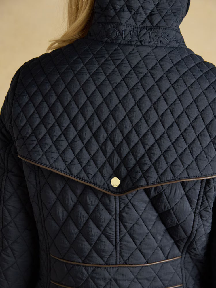 Joules Rosewell Navy Longline Diamond Quilted Showerproof Coat with Collar