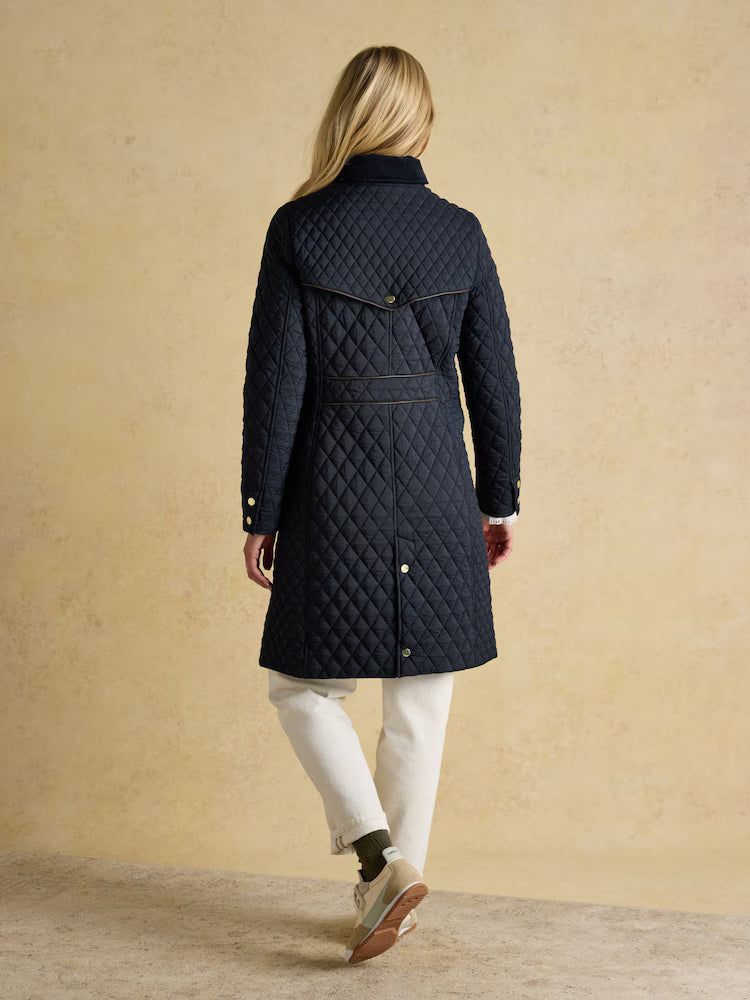 Joules Rosewell Navy Longline Diamond Quilted Showerproof Coat with Collar