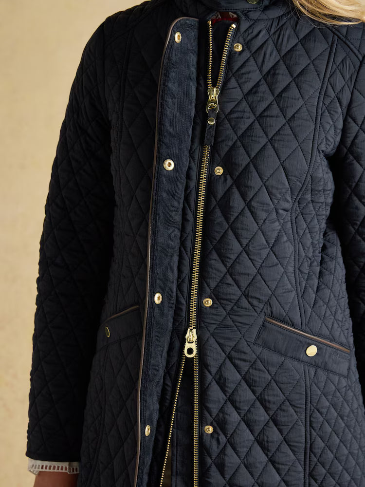 Joules Rosewell Navy Longline Diamond Quilted Showerproof Coat with Collar