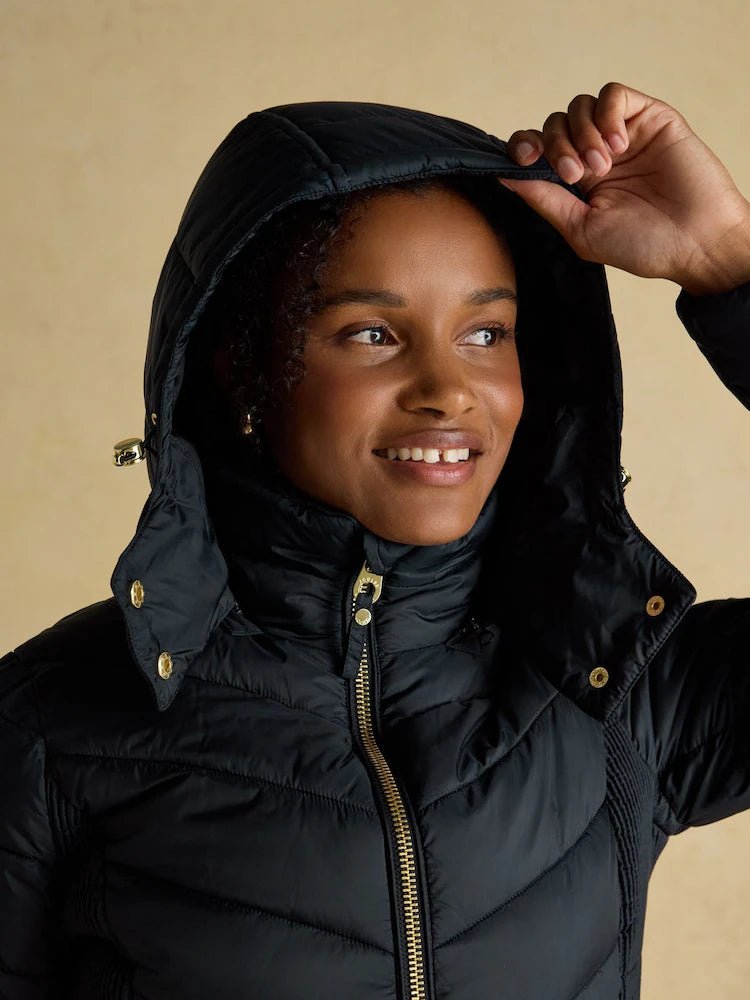 Joules Pembury Navy Showerproof Longline Padded Coat with Hood | Equiflair