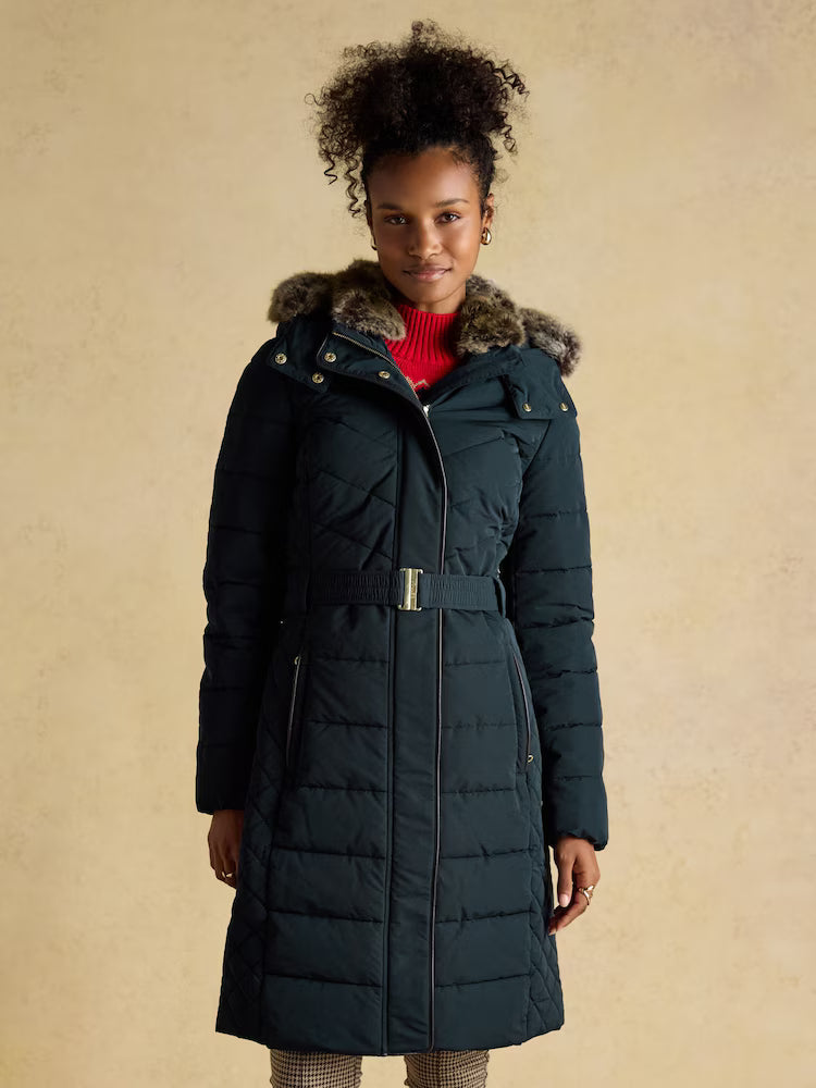 Joules Aspen Navy Showerproof Longline Padded Coat with Faux Fur Hood