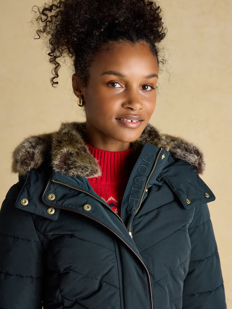 Joules Aspen Navy Showerproof Longline Padded Coat with Faux Fur Hood